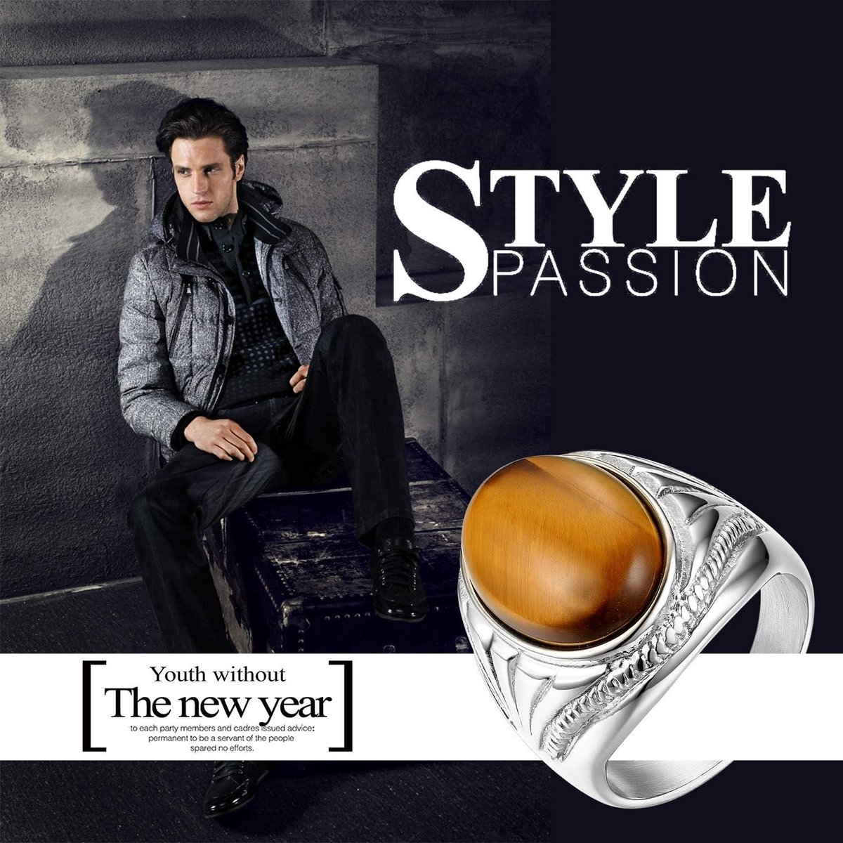 Herenring, zegelring, roestvrij staal, biker zegelring, tijgeroog, bruin, zilver, bruiloft, verloving, duimring, biker, herensieraden, herenaccessoires, Roestvrij staal