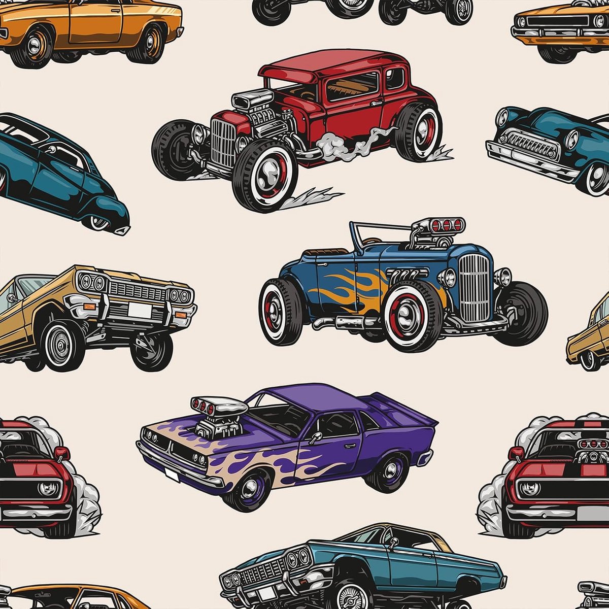 Kleurrijk Klassieke Muscle Cars Behang Zelfklevend Kinderkamer Jongen Beige Wandbehang Woonkamer Patroon Badkamer 44,5 cm x 7 m Retro Auto Wandbehang Zelfklevend Raceauto Meubelfolie