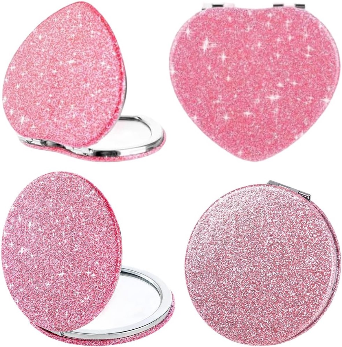 2 stuks zakspiegel, mini glitter, make-upspiegel, opvouwbaar, draagbaar, 2 zijden, 1x/2x vergroting, voor vrouwen en meisjes (roze)