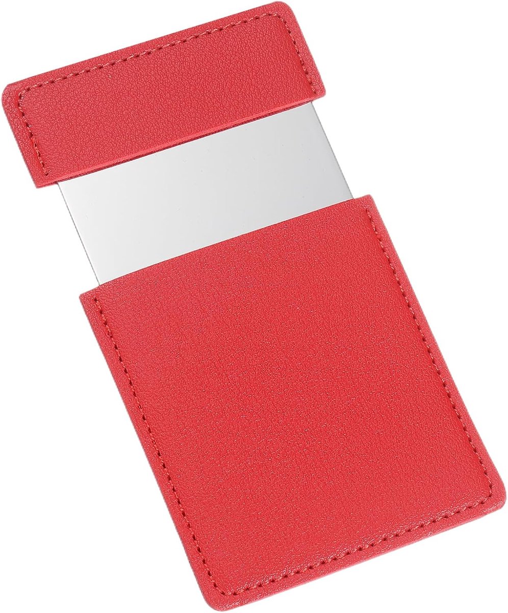 Kleine zakspiegel voor in de handtas, roestvrijstalen compacte spiegel met lederen tas, reisspiegel, handspiegel voor vrouwen, handtas, cadeau (rood, 6 x 9 cm)