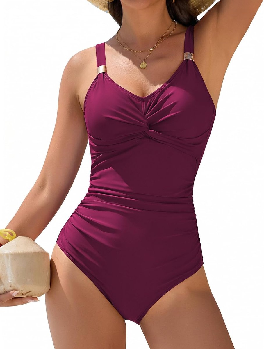 Badpak voor dames, sexy, push-up, eendelig, gedraaide knopen, V-hals, met metalen versieringen, badpak voor zwembad en strand