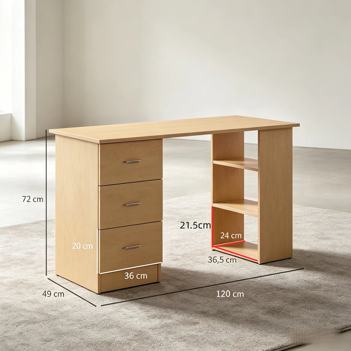 COVREO Bureau 120x49x72 cm licht hout MDF, met 3 lades en open opbergruimte