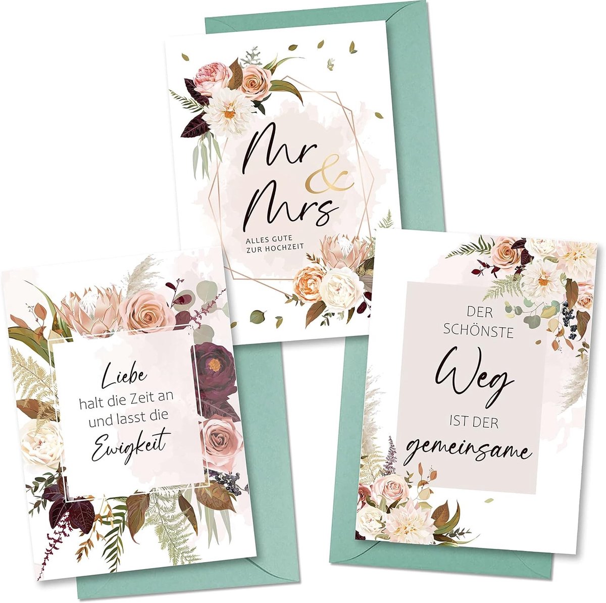 Set van 3 Trouwhuwelijkskaarten met Envelop, Liefdevolle Groetkaarten voor Bruiloft, Roze Ontwerp