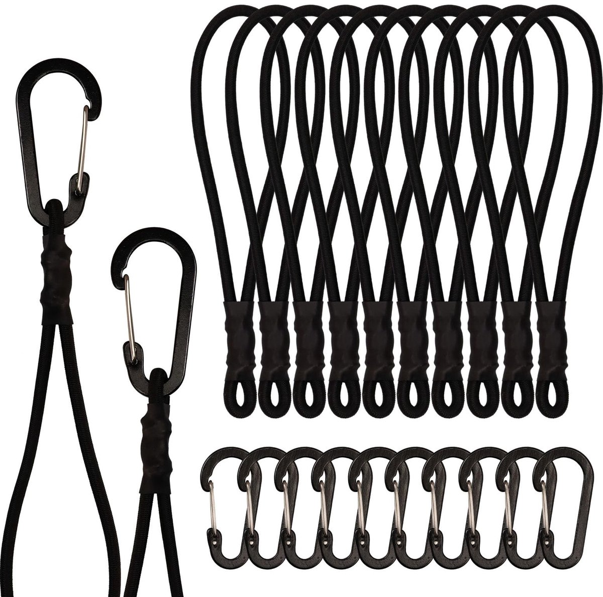 SolidKeus - Set van 10 Elastische Spanbanden met Karabijnhaak 20 cm
