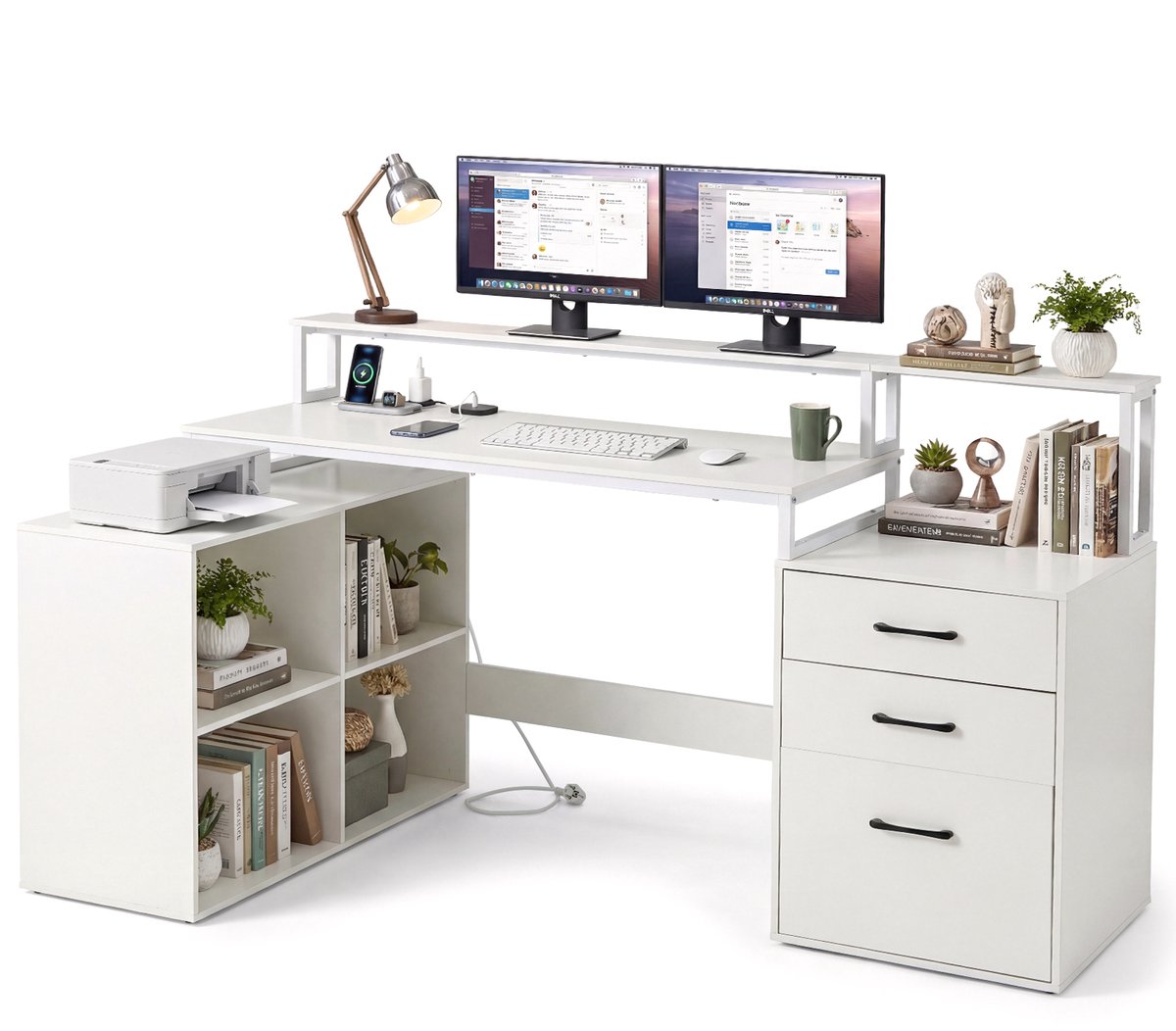 COSTWAY L-vormig bureau met stopcontacten, 166 x 90 cm hoekbureau met documentenvak, kubusrek & laden, computertafel met printer- & monitorstandaard, hoektafel voor thuiswerk en thuiskantoor