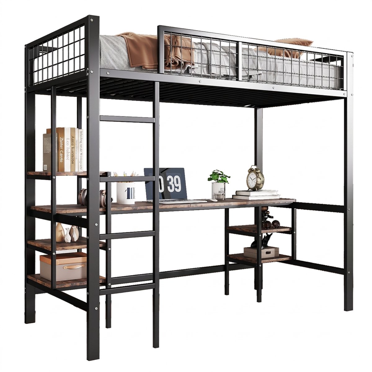 Metalen stapelbed 90 x 200 cm - Met bureau, plank en ladder - Zwart/Donker hout