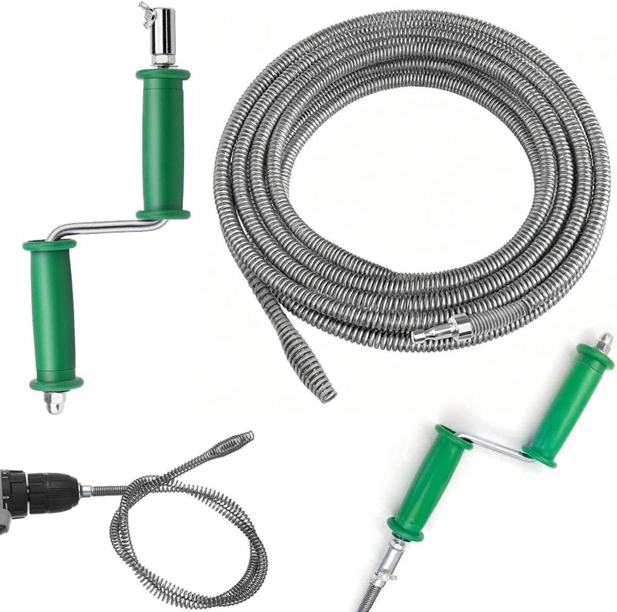 Efficiënte Spiralen voor Afvoerreiniging, 5 m, Ø 10 mm, Handmatige en Elektrische Adapters voor Keuken, Vloerafvoer en Toilet