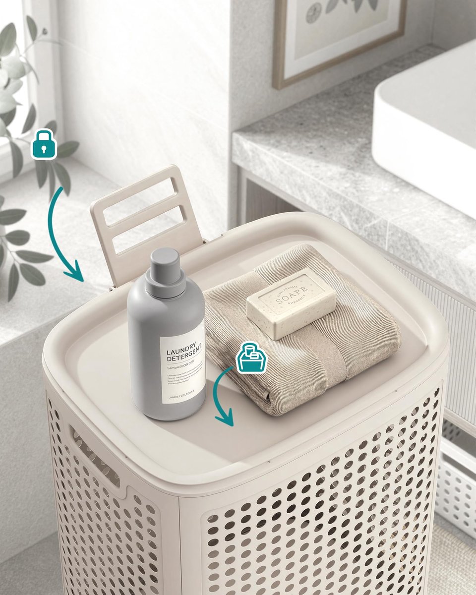 Wasmand met Deksel - 75 Liter Smalle Wasbox - Kunststof Wasmand met Ruimtebesparend Design - Opbergmand voor Kleding & Wasgoed - Geschikt voor Badkamer, Wasruimte & Slaapkamer - Cappuccino Beige