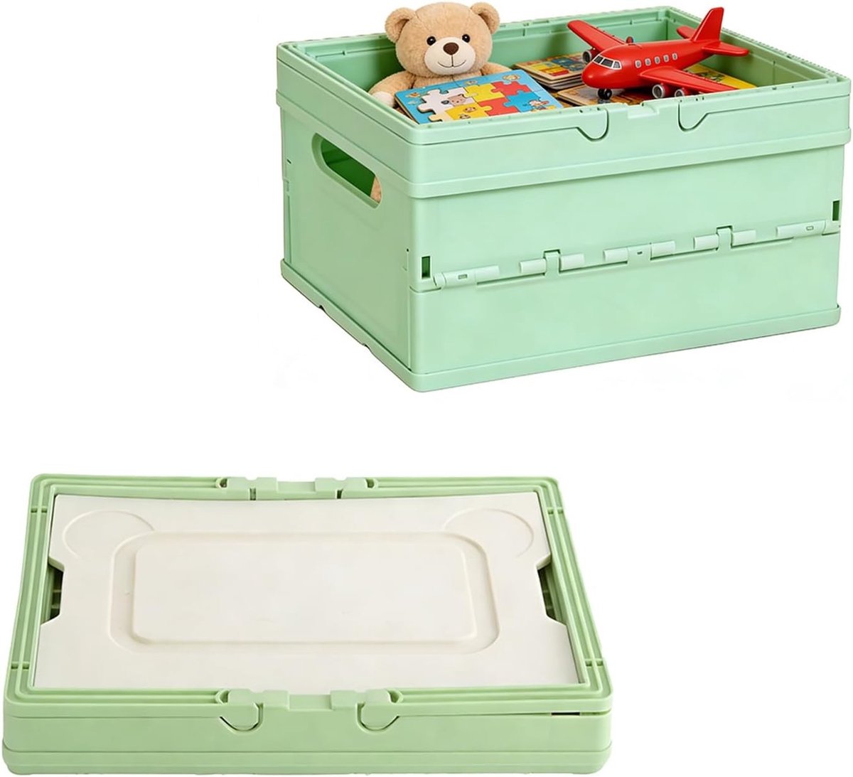 Vouwbare Opbergdoos met Deksel, 30 x 21 x 16.5 cm, Ideaal voor Speelgoed, Kleding en Boeken, Groene Opbergmand met Handvat en Deksel