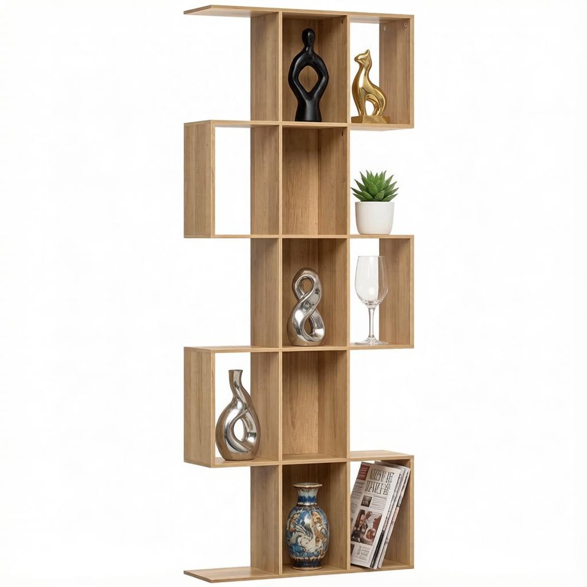 COVREO Boekenkast 80x24x200 cm eiken MDF, S-vorm met 15 open vakken