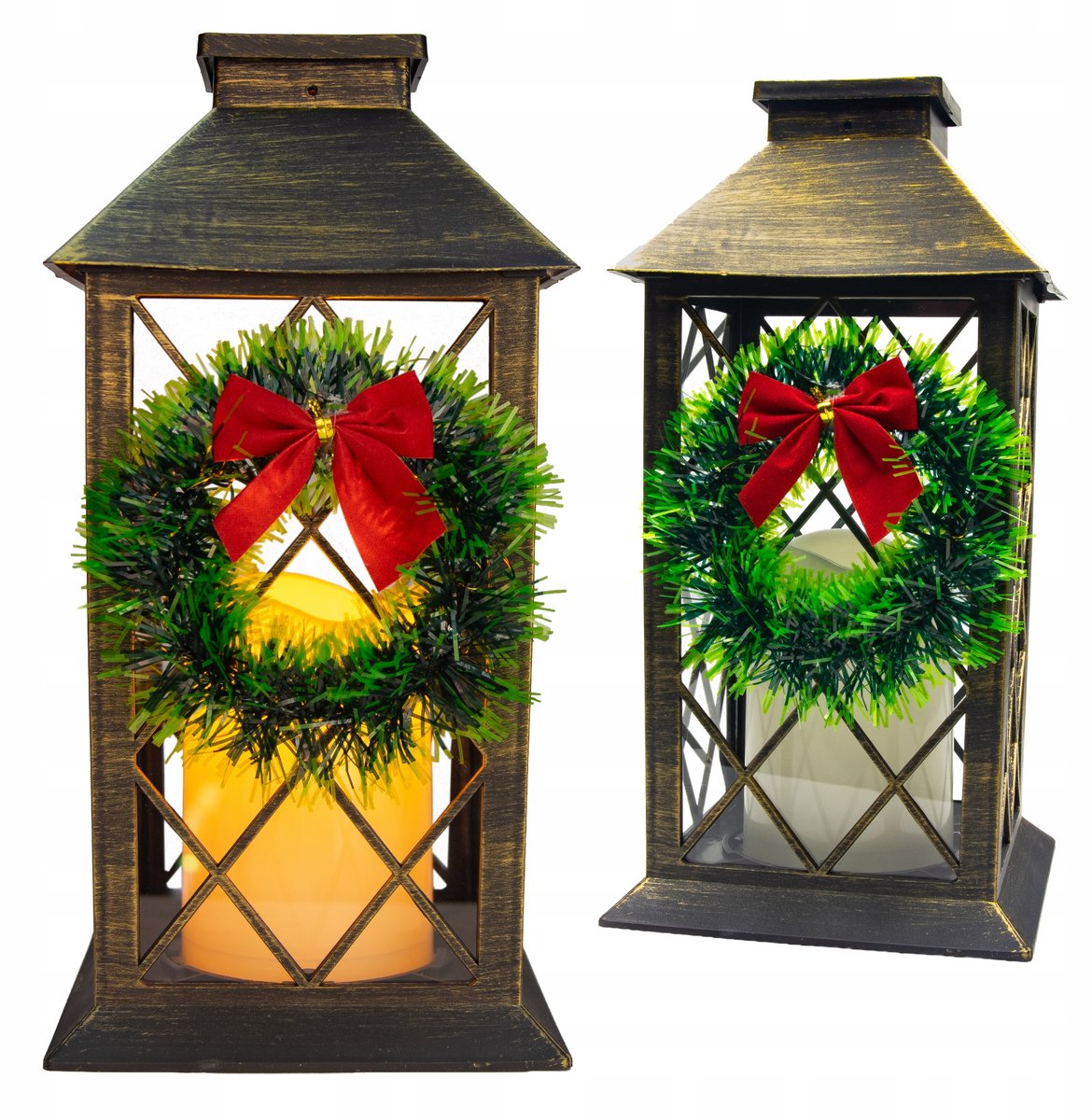 Zonne-energie Kerst Lantaarn zet Krans in LED Vlam - Zwart/Goud