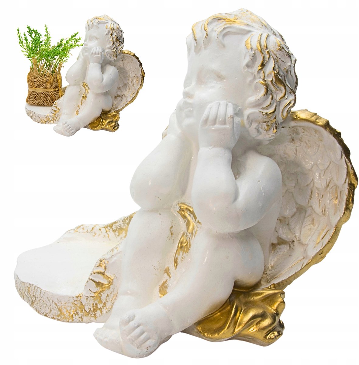 Gipsen Engel Grafdecoratie - Wit & Goud - 22cm