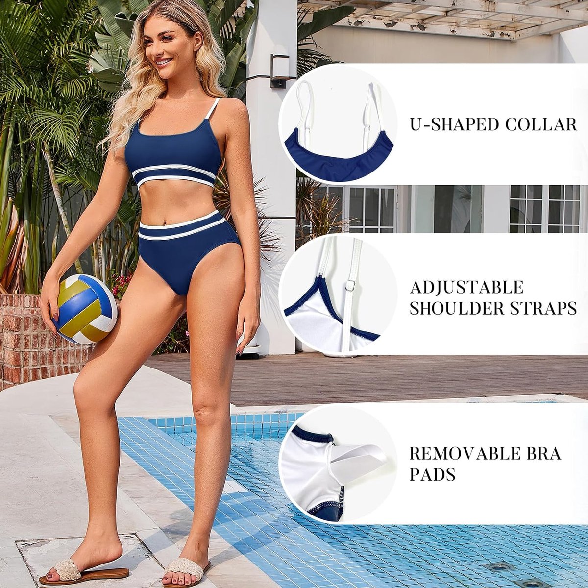 Bikini voor dames, sexy tweedelig badpak met buik-weg-effect, hoge taille, push-up en U-hals