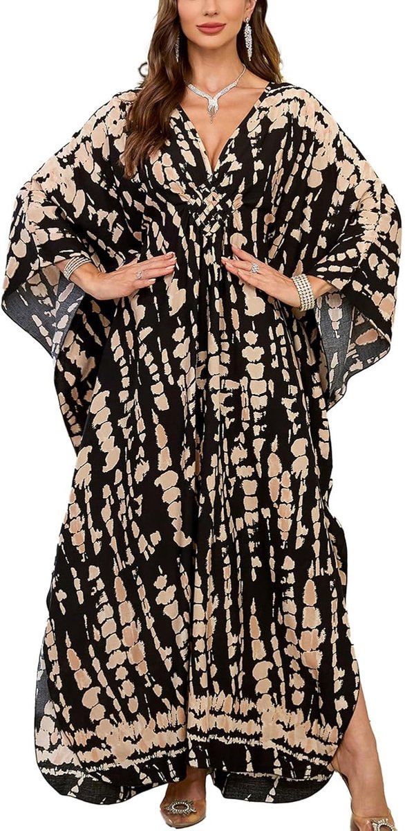 Kaftan, bohemien, cardigan, bedekkende jurk, grote maat, zwemkleding, Zwart 2, one size