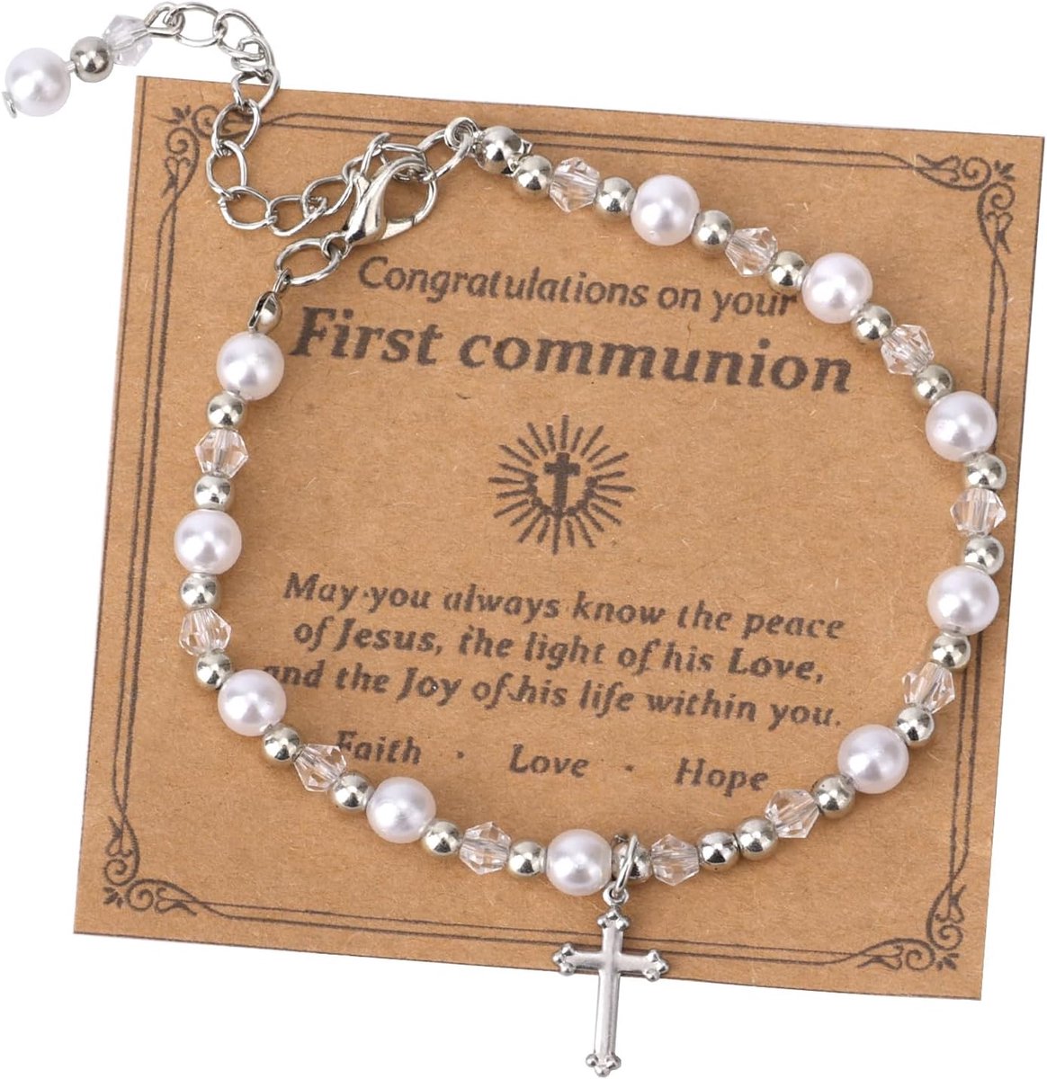 Communie Armbanden voor Meisjes, Parel Kruis Armband Eerste Heilige Communie Doop Sieraden voor Meisjes Kleindochter Dochter Nicht
