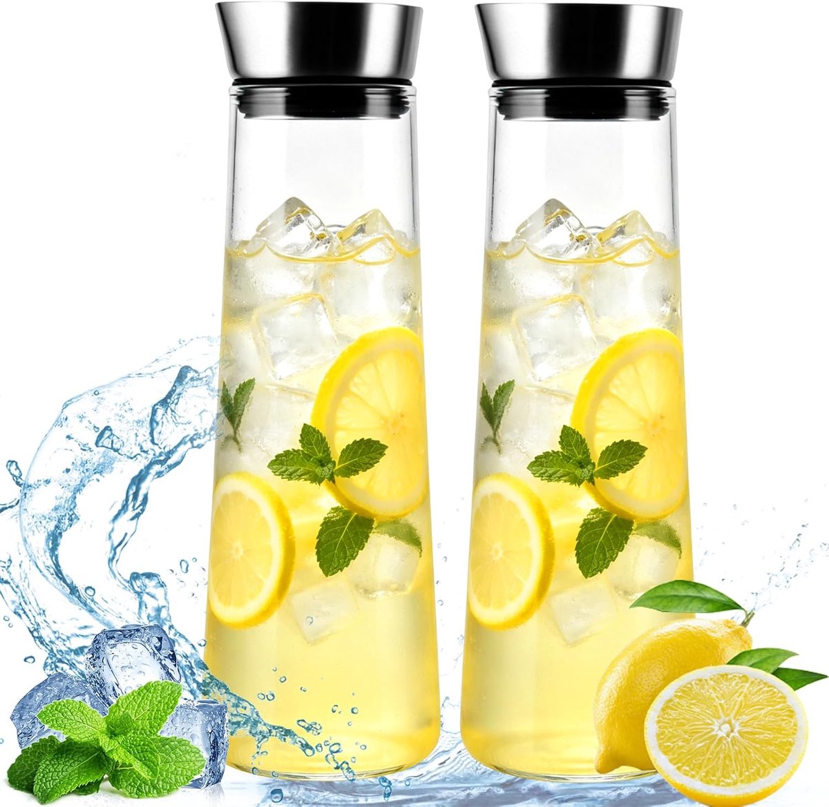 2 stuks waterkaraf glas met deksel, glazen karaf 1,5 liter, glazen karaf deksel van roestvrij staal, karaf van glas voor zelfgemaakte dranken, ijsthee, melk, koffie en wijn