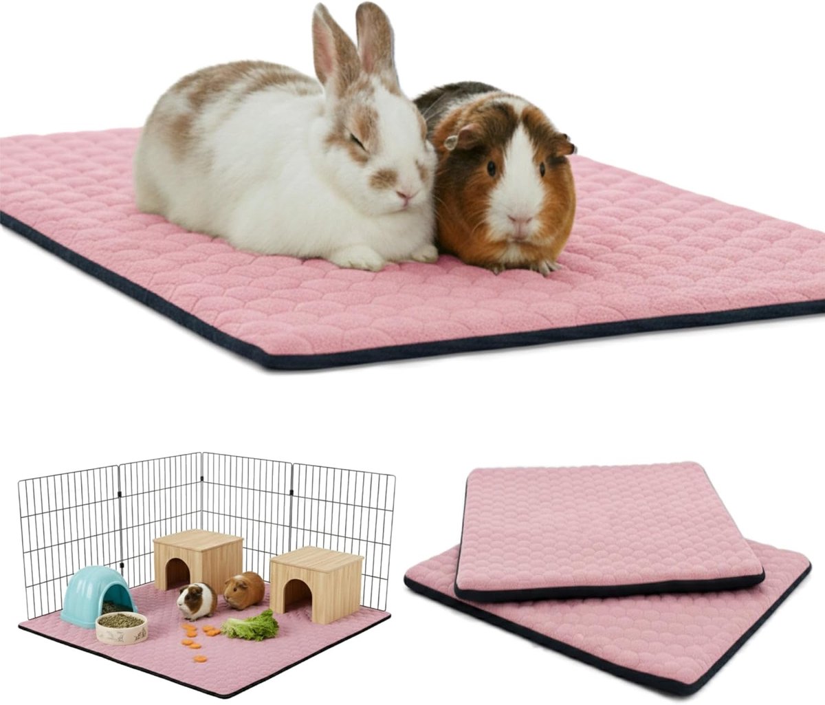 Set van 2 fleece kooivoeringen voor cavia's en konijnen. | 60 x 50 cm - Roze - Absorberend en waterdicht - Wasbaar - Geschikt voor kooien, speelboxen en C&C