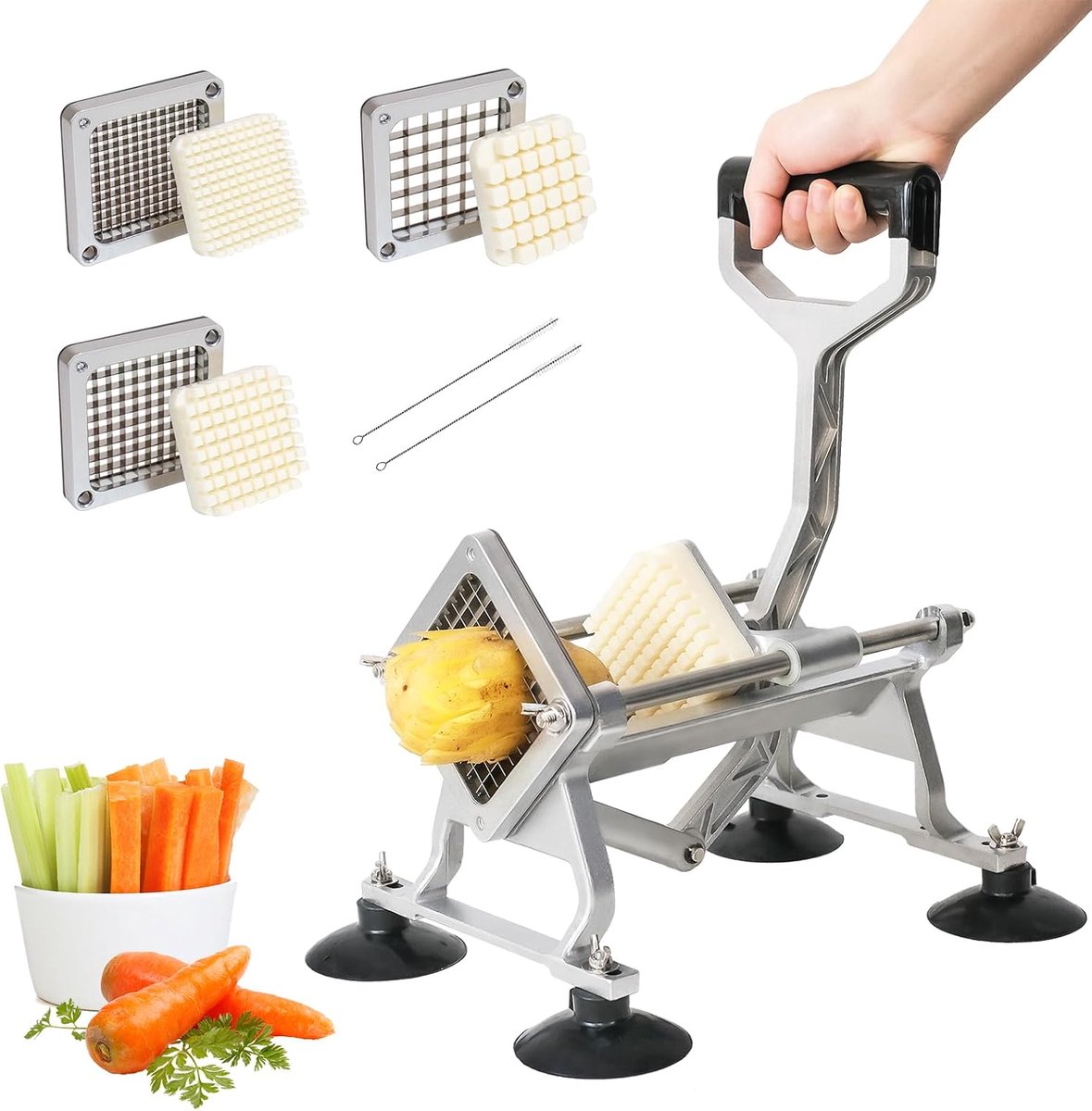 Professionele frietsnijder met 6/9/13 mm messen van roestvrij staal | Handmatige aardappelsnijder, 4 zuignappen, voor wortel, ui, komkommer, fruit, voor restaurant, hotel, thuis