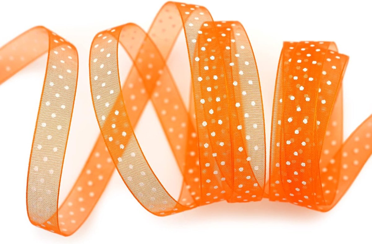 20 m x 10 mm, decoratielint, chiffon, stippen, oranje, met vormvaste randen, cadeaulint, lint, transparant, organza, bruiloft, verjaardag, chiffonband, Pasen, kinderen, stippen gestippeld