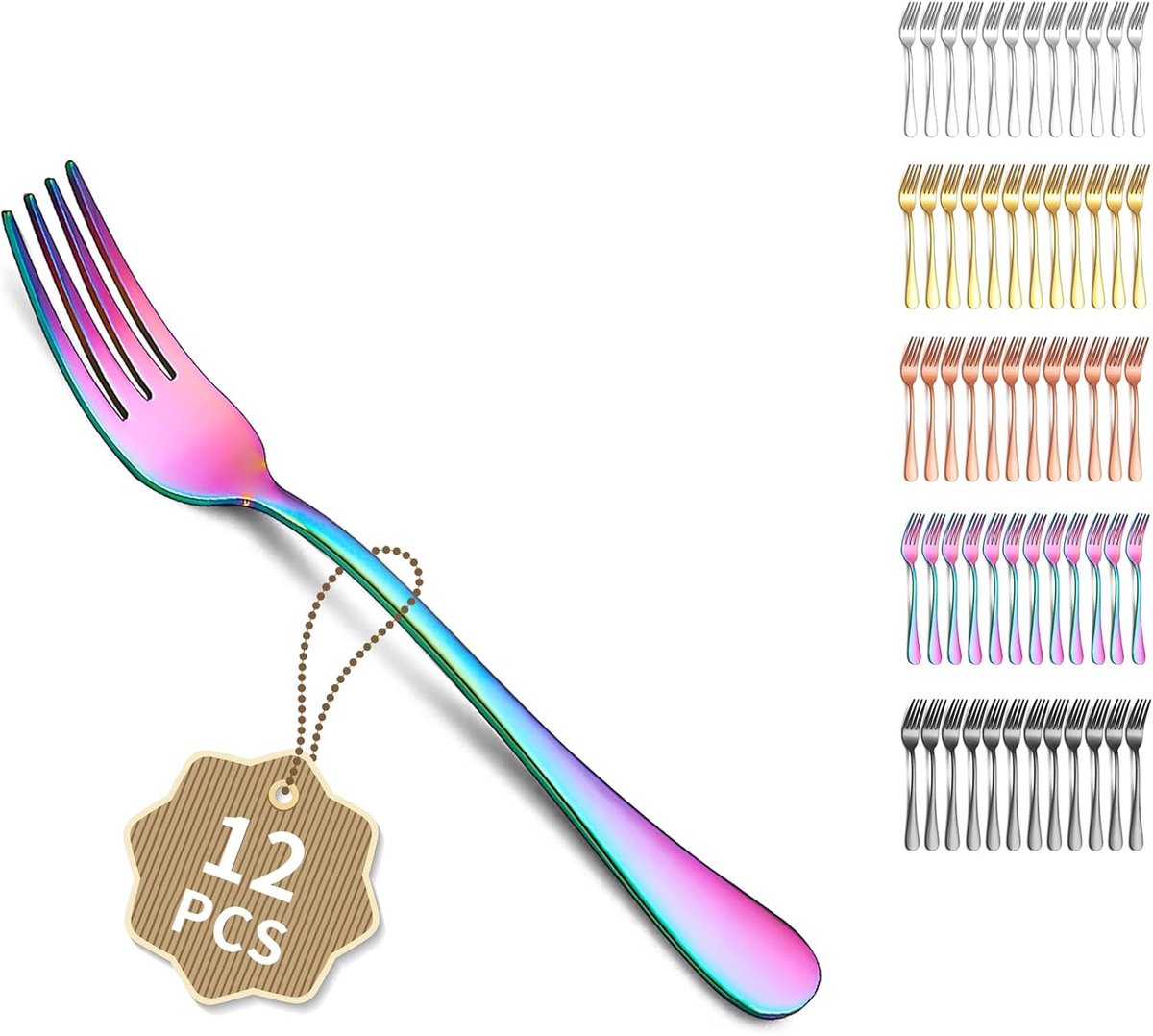 Set van 12 taartvorken, 18CM Regenboog Roestvrij Staal dessertvorken, fruitvorken, restaurant, bruiloft, feesten