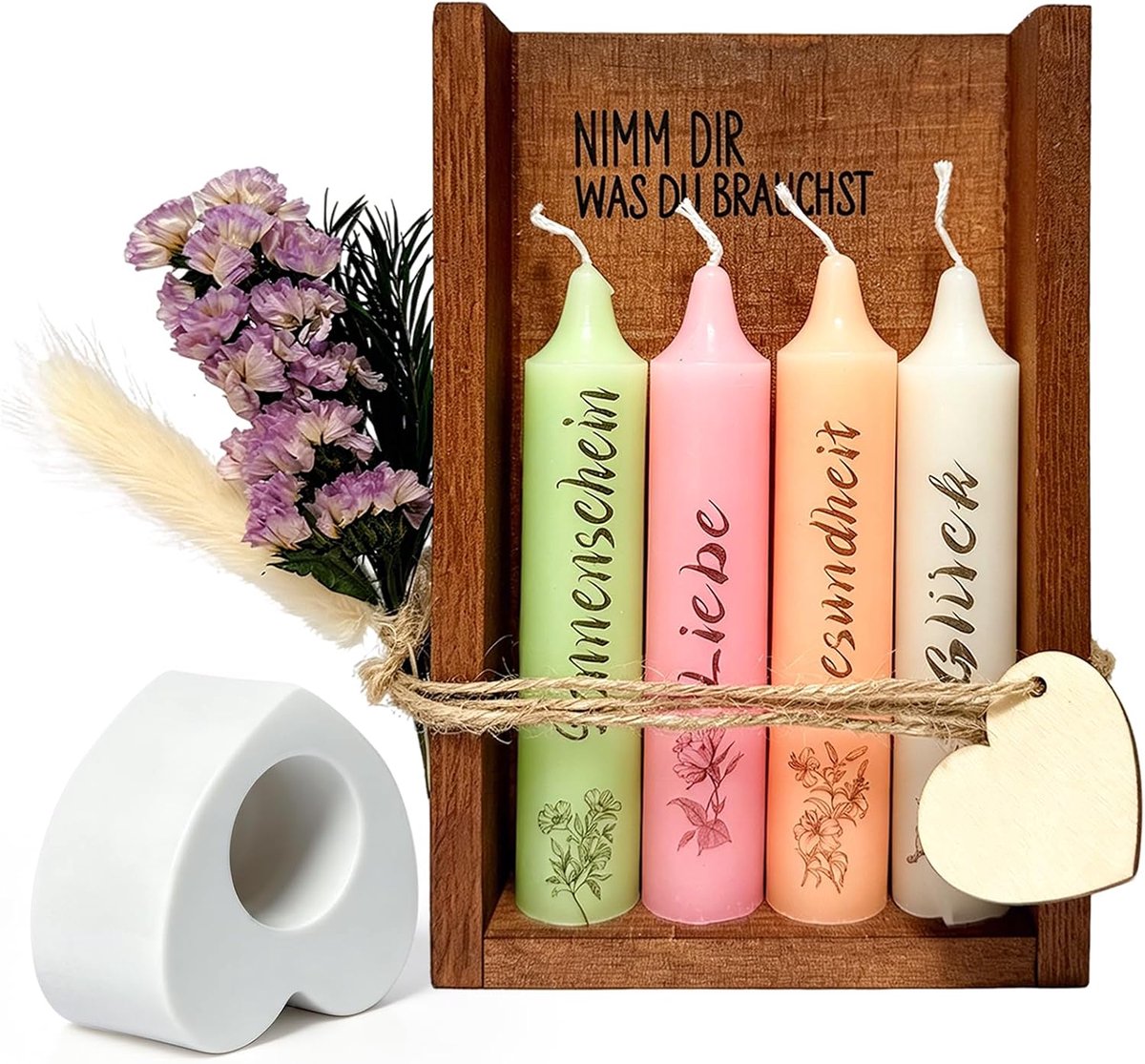 Kaarsenset met kandelaar en houten doos, handgemaakte kaarsen, cadeauset met gedroogde bloemen, verjaardagscadeau voor vrouwen, moeder, vriendin, zus, neem je wat je nodig hebt kaarsen decoratief