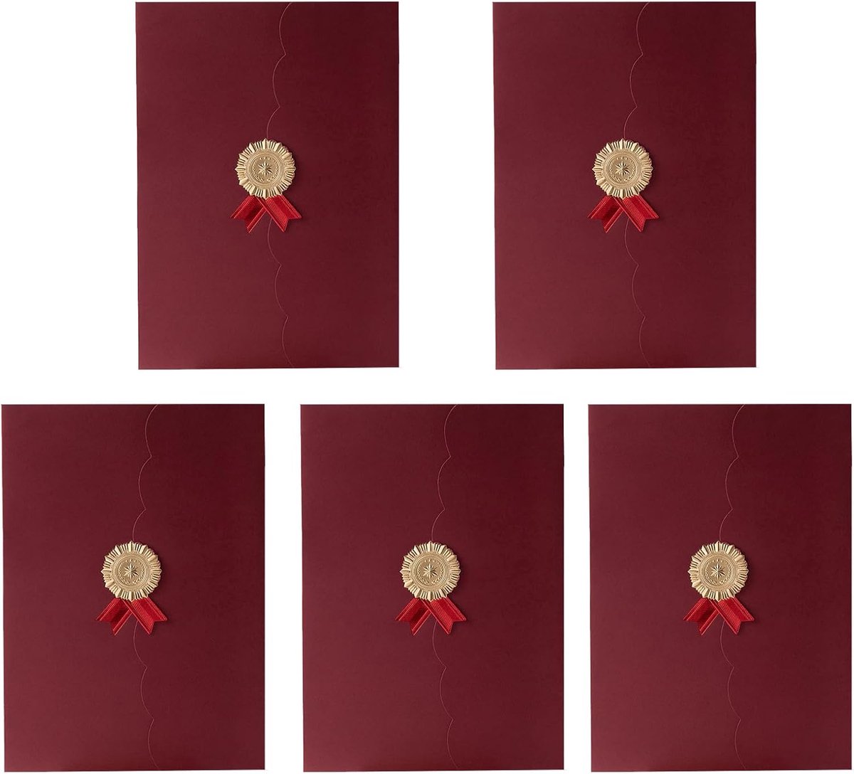 5 stuks certificaat/diploma-omslag, A4, elegant, afstudeertas, drie kleppen, opvouwbaar, certificaathouder, bescherming voor documenten, bestanden, uitnodigingskaart (rood)