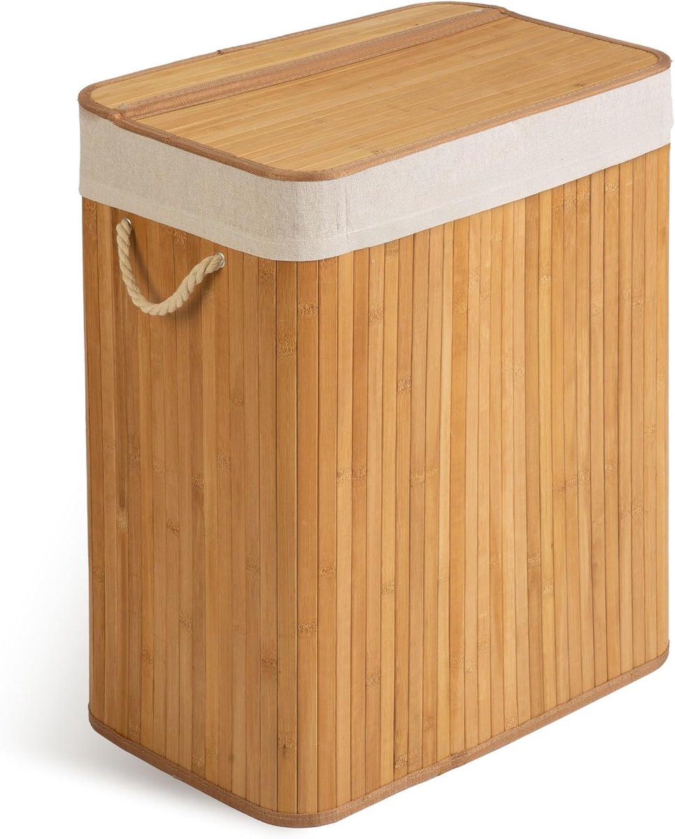 Wasmand 2 vakken 100 l - met deksel en waszak - wasverzamelaar van bamboe - wassorteerder - beige - 61 x 54 x 34 cm