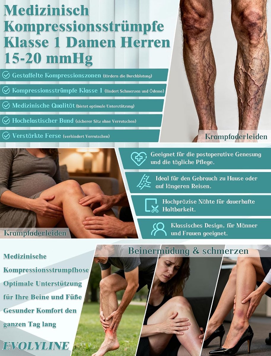 Kousen voor dames en heren, klasse 1, trombosekousen, 15-20 mmHg, lange trombosekousen, vlucht, compressiesokken, steunkousen voor spataderen, oedeem, DVT, 3XL