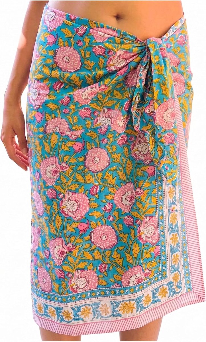 Damespareo – Indiase sarong met gouden rand – Zachte katoenen bikini cover up - Strandpareo - Badpak Strandjurk - Wrap - Pareo