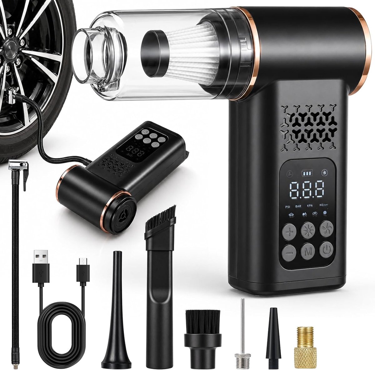 5-in-1 autostofzuiger en bandenpomp, luchtcompressor, 150 psi, draadloze draagbare bandenpomp met ventilator, digitale manometer, dual waarde-display, ledlicht voor auto, motorfiets, fiets, bal