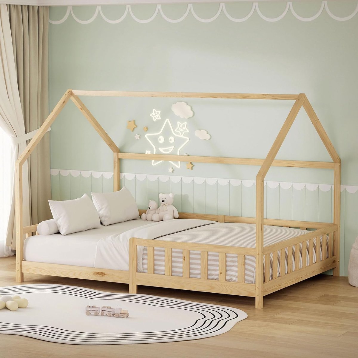 Kinderbed 140x200 cm met valbeveiliging Montessori huisbed voor meisjes en jongens lattenbodem decoratieve kap massief grenenhout naturel tweepersoons houten bedframe duurzaam jeugdbed