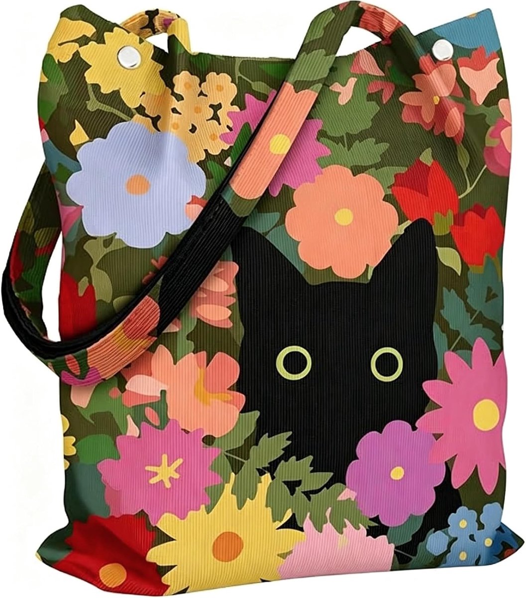 Herbruikbare Tote Bag Dames van Cord met Zak en Sluiting, Esthetische Kat in Bloemenzee Shopper Tas Dames voor Werk, Reizen en Dagelijks Gebruik