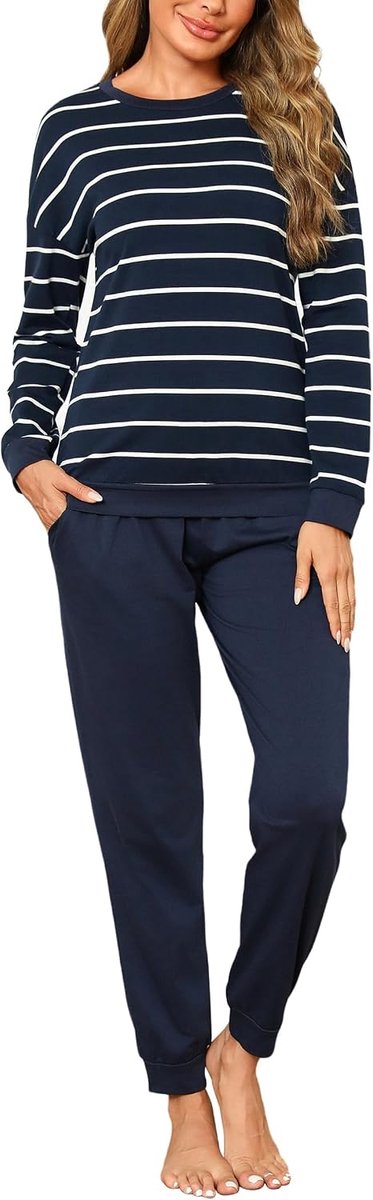 Damespyjama voor de winter, katoen, gestreept, lange pyjama met lange mouwen, nachtkleding, grote maten