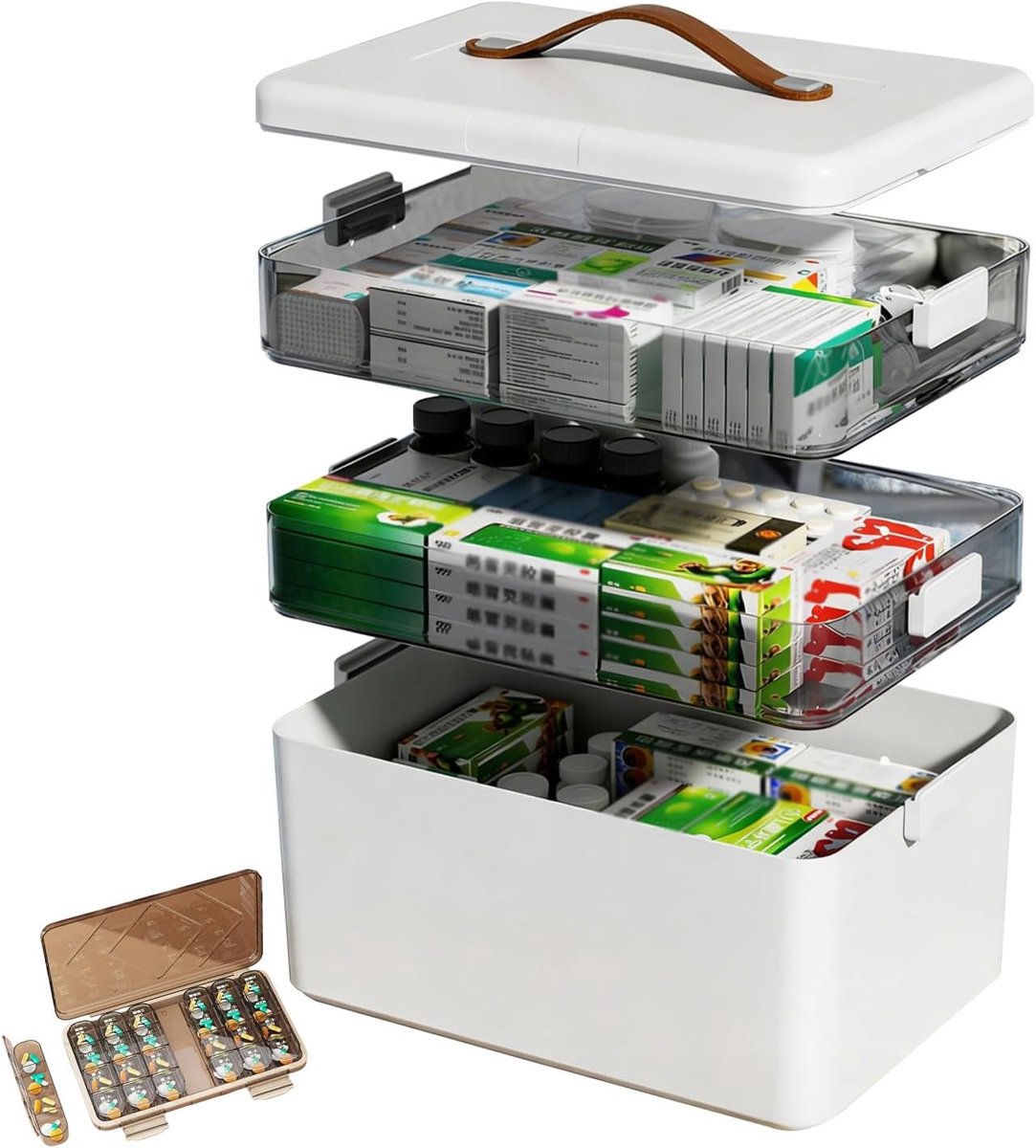 Medicijnenopslag, 3 verdiepingen kunststof medicijnenorganizer, draagbaar, afneembaar, lege huisapotheekbox, groot, voor thuis, school, kantoor, reizen