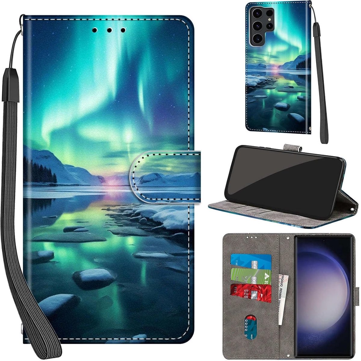 Hoesje voor Samsung Galaxy S24 Ultra, Noordpool | Kunstleer, Kaartsleuf en portemonnee, Magnetische flip case, Standfunctie