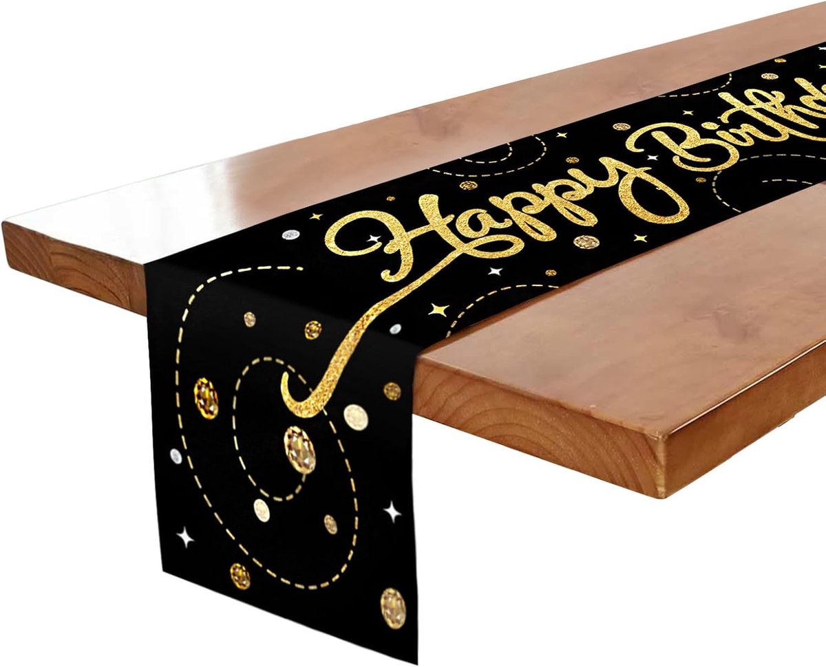 Tafelloper verjaardag Happy Birthday zwart goud | Verjaardagstafeldecoratie, geschikt voor jongens en meisjes, verjaardagsfeestdecoratie, 180 x 35 cm