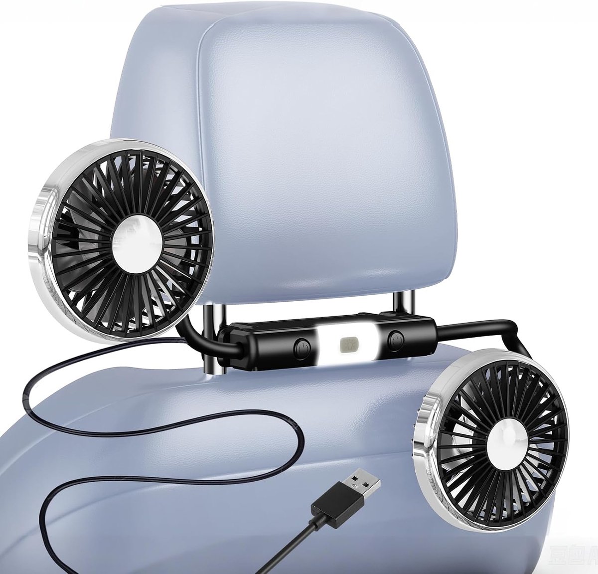 USB-ventilator voor de auto, 11,5-16,5 cm, hoofdsteunventilator, 360 graden verstelbare flexibele slang, dubbele kop, mini-stille autoventilator met 3 standen en licht voor kinderen, baby, SUV