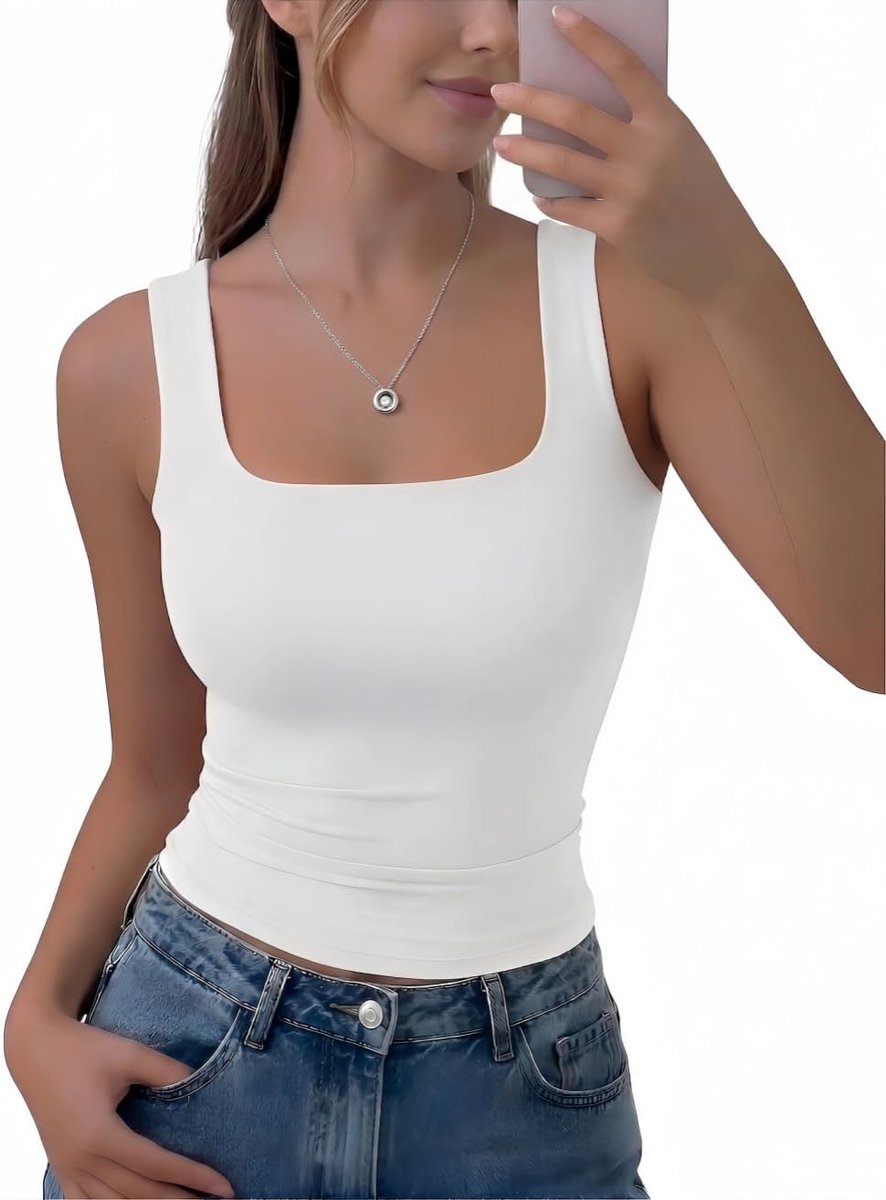 T-shirt voor dames, zomer, vierkante kraag, crop-top, dubbellaags, brede bandjes, casual, basic, smalle pasvorm, sportshirt, elastisch, modieus, streetwear