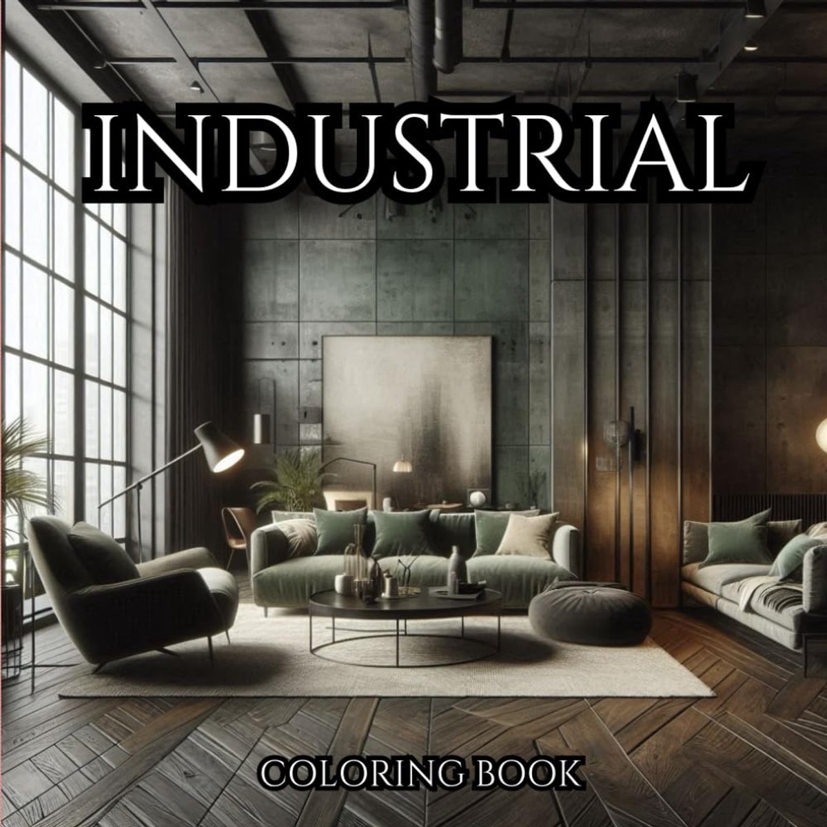 Series of Therapeutic Coloring Books for Adults and Teenagers for Stress Relief, Creativity Therapy and Mindfulness: Sketches of Interiors in The Industrial Style.