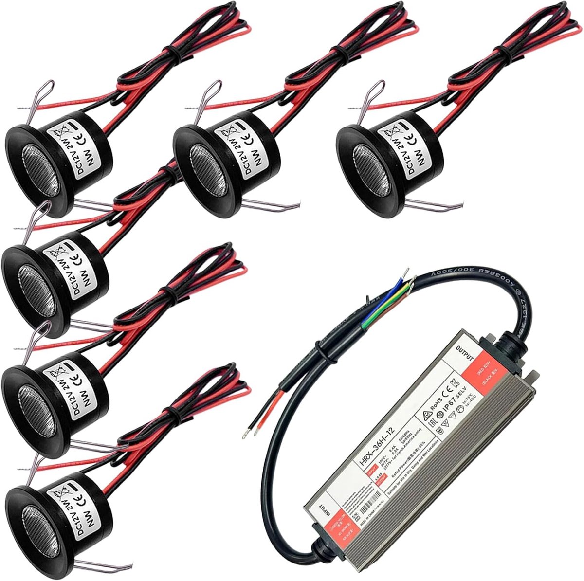 12 V, 2 W, set van 6 plafondspots, inbouwlampen, IP65, mini-led-spot, warmwit, 3000 K, ledspots voor badkamer, keuken, carport, trap, met 230 V transformator
