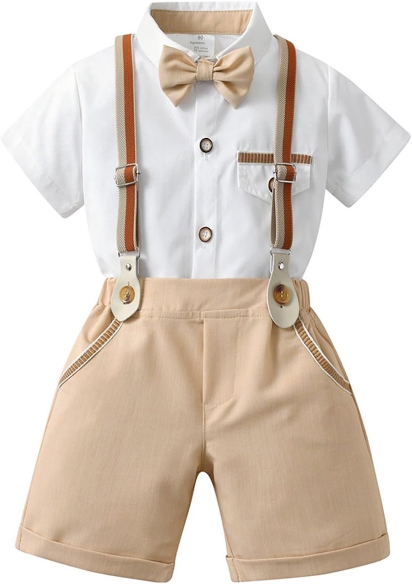 Babyjongensset, kostuum, zomer, korte mouwen, vlinderdas, hemd met shorts, rompertje
