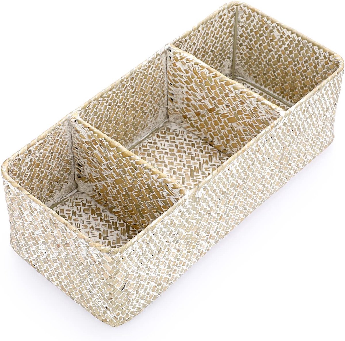 3-vaks zeegras opbergmand, geweven zeegras desktop manden, rechthoekige organizer voor planken en bureaus, decoratieve mand voor diverse artikelen, kantoorartikelen, speelgoed, cosmetica