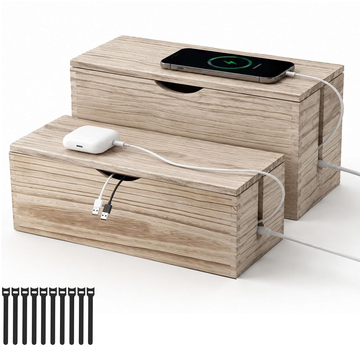 2 x houten kabelorganizer met klittenbandsluiting, verbergen van kabels en stekkerdozen, bureaukabelopwikkeling, groot en klein, kabelmanagementbox, verborgen, bruin