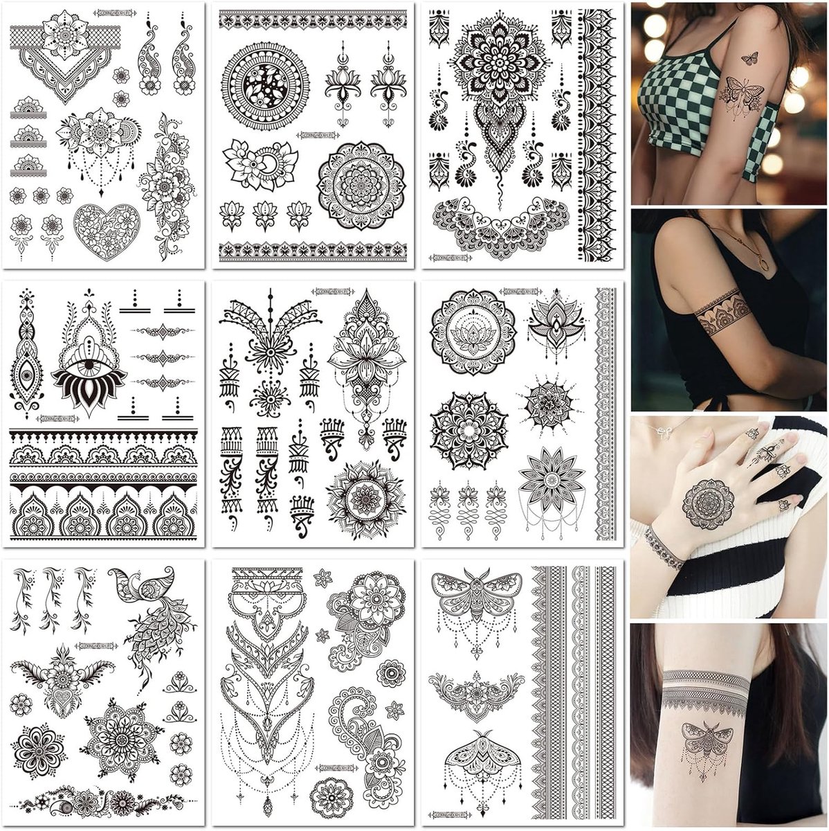 Tijdelijke Tattoo Stickers Zwarte Hand Tattoos Mandala Religieus Body Art Waterdicht Nep Tattoos voor Vrouwen