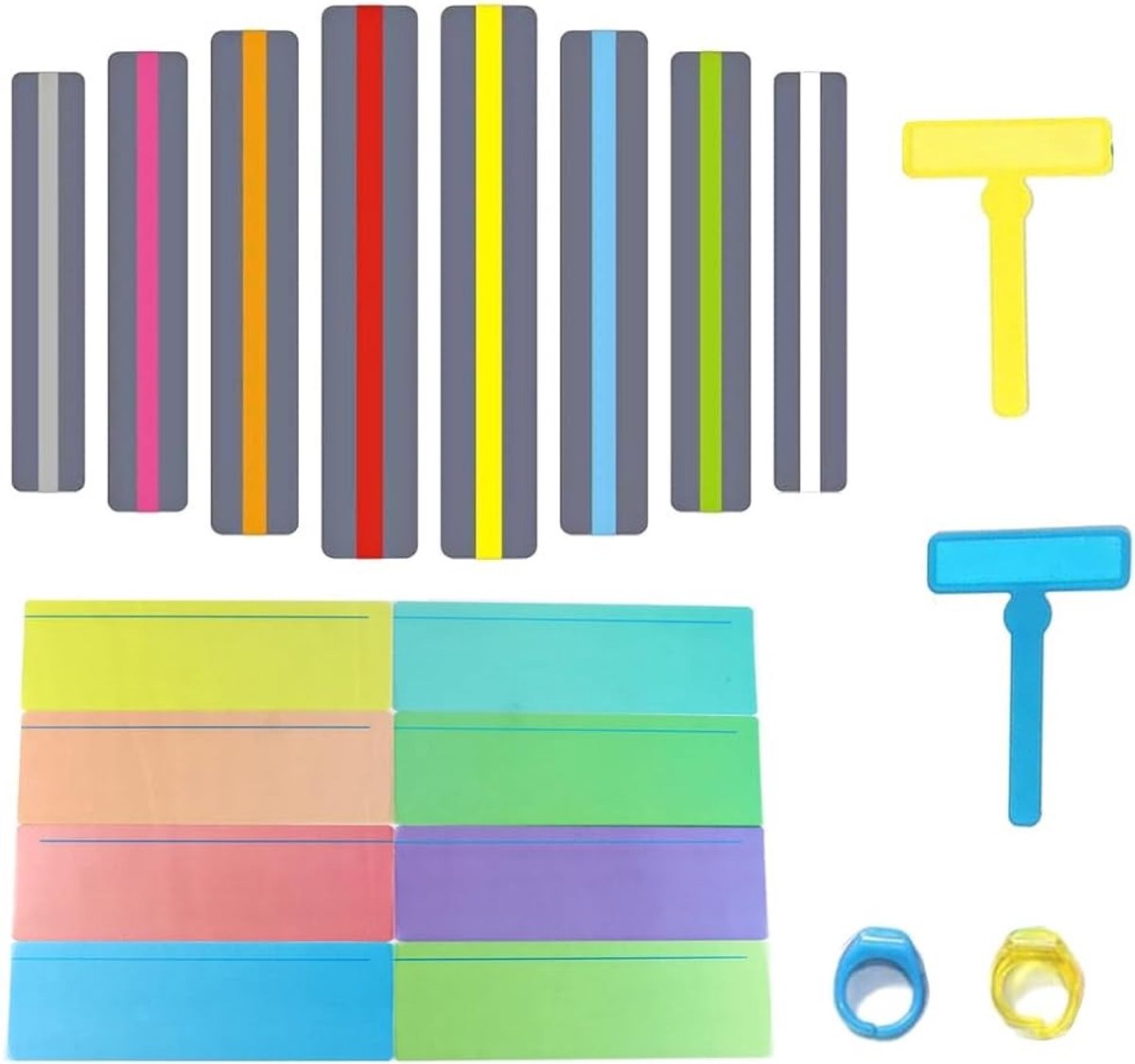 20-delige set leesstrips en leeshulpmiddelen met gekleurde overlays, leesliniaal en vingerringen voor beter lezen en leren