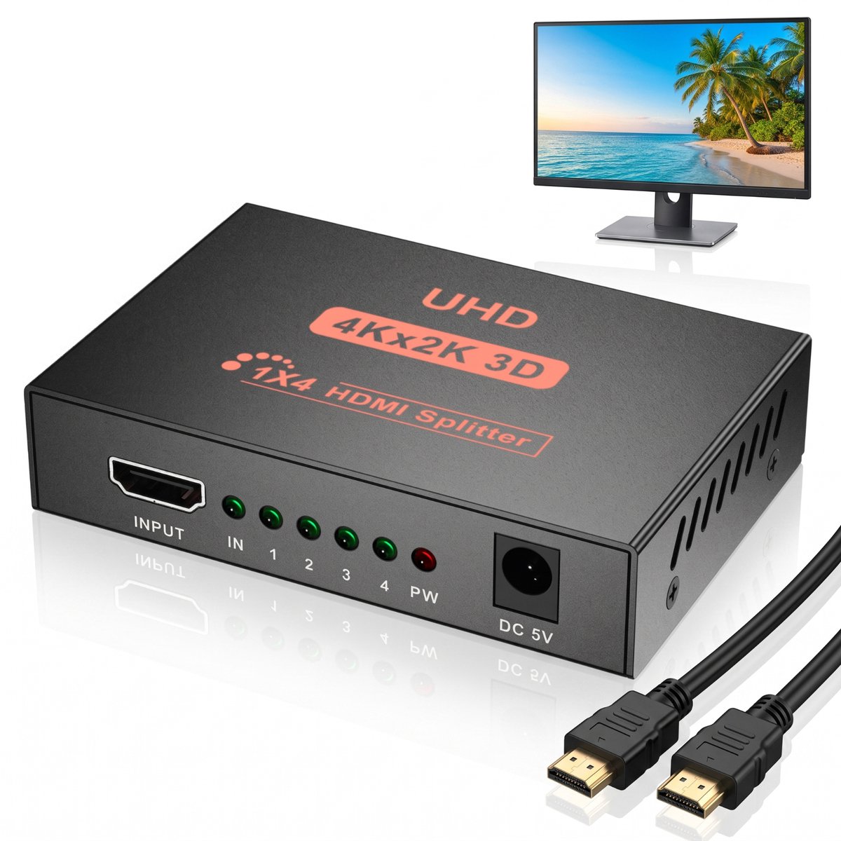 Fokelyi HDMI Splitter 4K 30Hz - 1 Ingang 4 Uitgang HDMI Switch - Compatibel Met 1080P 60Hz En 3D - HDMI Verdeler Voor Meerdere Schermen - Voor Thuisbioscoop En Gaming -Zwart