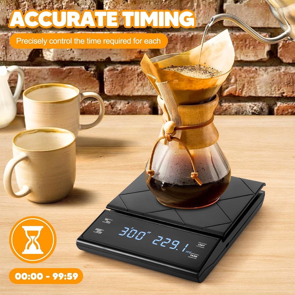 Keukenweegschaal analoog - Zwart - 18 x 13 x 3 cm - Digitale koffieweegschaal met timer - Voor thuis en kantoor