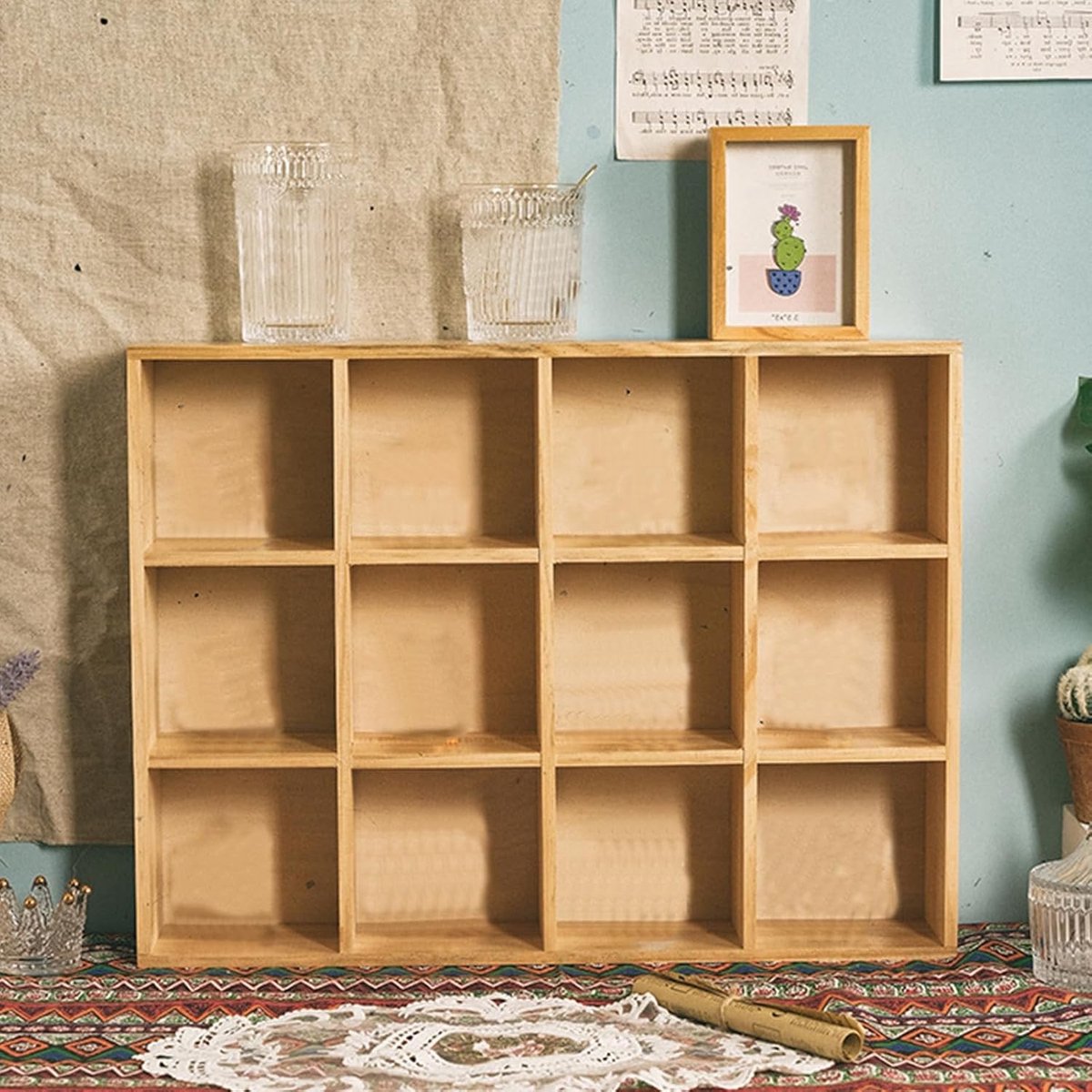 Multifunctionele Houten Schaduwdoos Plank met 12 Rasters voor Actiefiguren en Decoratie, Duurzaam en Retro Ontwerp