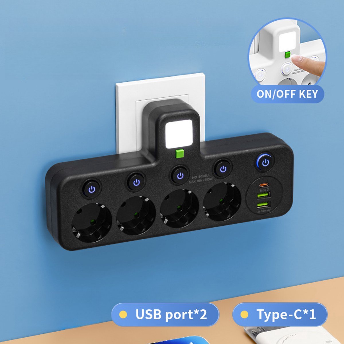 Multifunctioneel stopcontact - multifunctioneel, met schakelaar en USB-poort - USB smart power strip - Type-C opladen - met nachtlampje - zwart