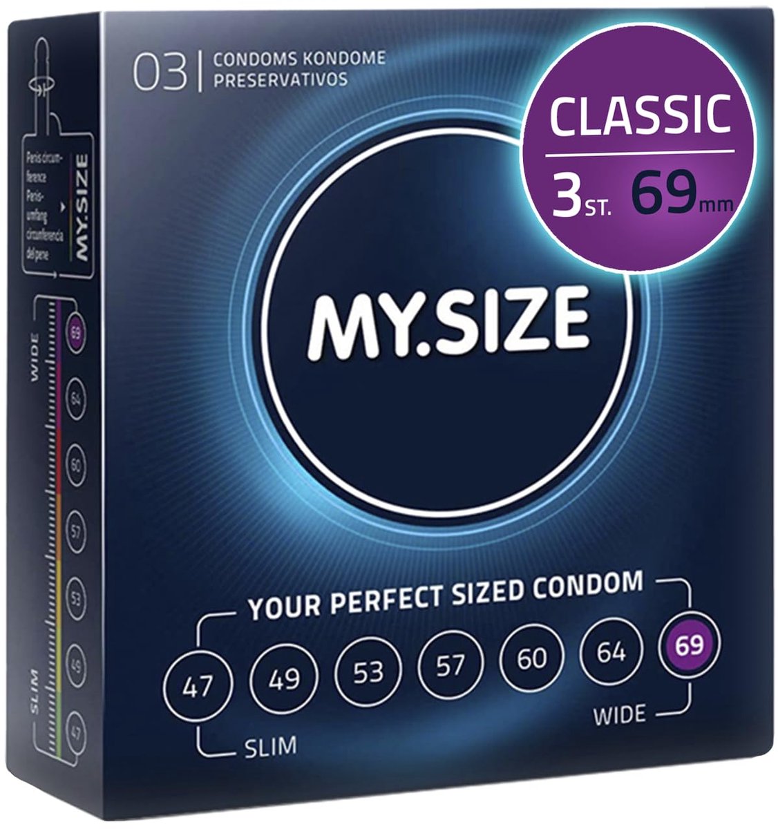 MY.SIZE Classic condooms maat 7 I 69 mm breed I 3 stuks proefverpakking I Premium condooms extra dun I condooms true to touch gossamer I dunne 0,07 mm wanddikte I condooms veganistisch